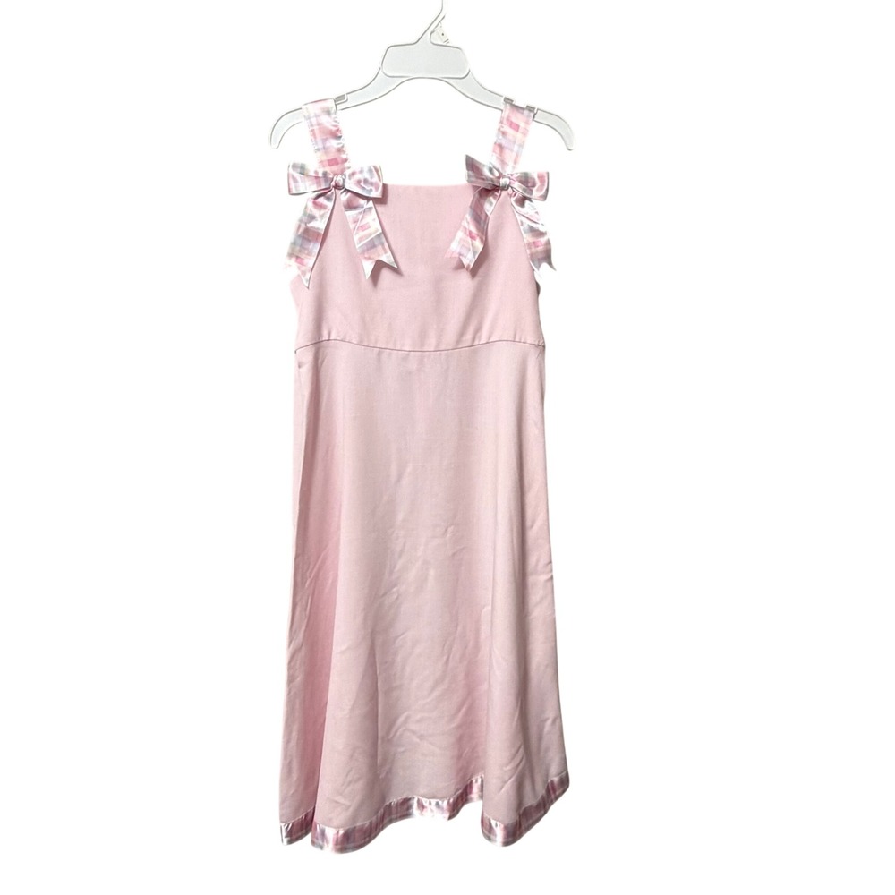 Bonnie Jean Girls Pink A-Line Dress Size 12 Plaid Bows Satin Trim Easter Party